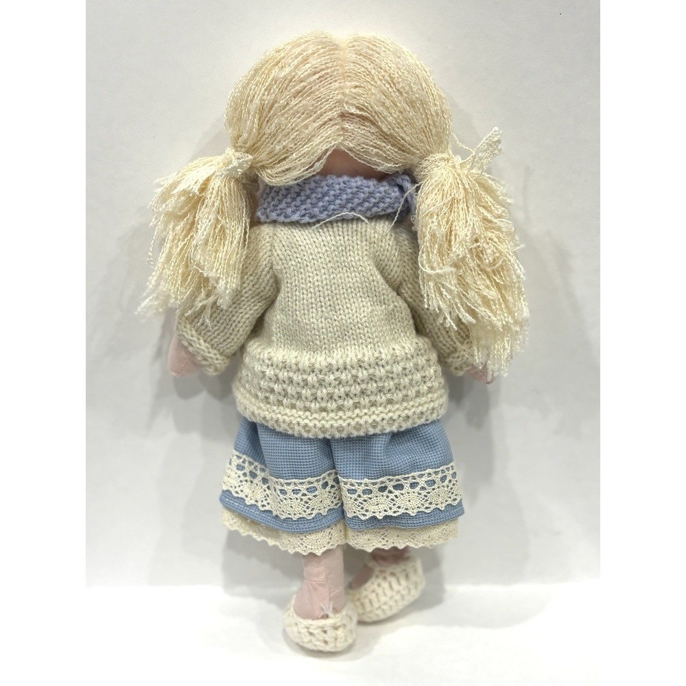 12" Handmade Rag Doll Blonde Pigtails Blue Dress Knit Sweater Plush Toy - Picture 2 of 9